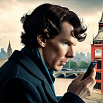**

A modern, stylized portrayal of Benedict Cumberbatch as Sherlock Holmes from the BBC series "Sherlock." He is intensely focused, perhaps holding a smartphone or using a modern piece of technology to analyze a clue. The background features a digitally rendered London skyline. Emphasis on his eccentric and intelligent character.

**