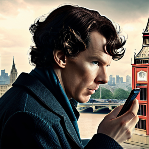 Home 23 **
A modern, stylized portrayal of Benedict Cumberbatch as Sherlock Holmes from the BBC series "Sherlock." He is intensely focused, perhaps holding a smartphone or using a modern piece of technology to analyze a clue. The background features a digitally rendered London skyline. Emphasis on his eccentric and intelligent character.
**