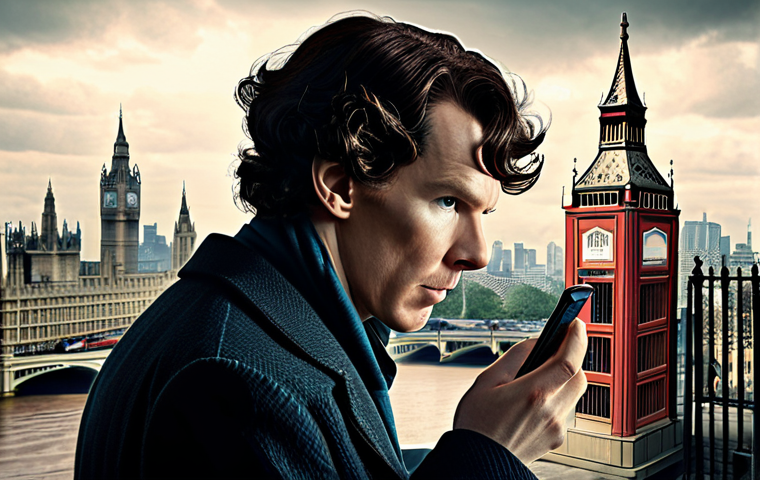 **
A modern, stylized portrayal of Benedict Cumberbatch as Sherlock Holmes from the BBC series "Sherlock." He is intensely focused, perhaps holding a smartphone or using a modern piece of technology to analyze a clue. The background features a digitally rendered London skyline. Emphasis on his eccentric and intelligent character.
**