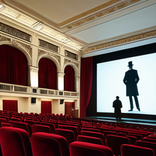 Home 22 **
A wide shot of the Kino International in Berlin, focusing on the high ceilings, red velvet seats, and large screen. Emphasize a Victorian London atmosphere with subtle fog effects projected onto the screen. Add a Sherlock Holmes silhouette.
**