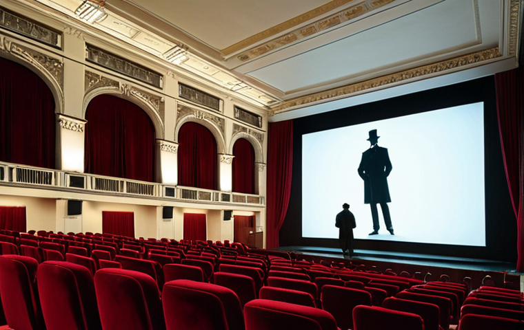 **
A wide shot of the Kino International in Berlin, focusing on the high ceilings, red velvet seats, and large screen. Emphasize a Victorian London atmosphere with subtle fog effects projected onto the screen. Add a Sherlock Holmes silhouette.
**