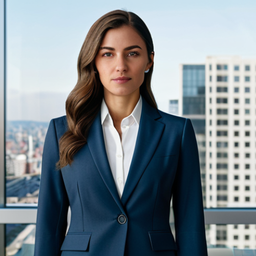 Home 21 A focused and determined professional woman, dressed in a sophisticated, modest business suit, standing confidently in a sleek, modern corporate office with large windows overlooking a city skyline. Perfect anatomy, correct proportions, natural pose, well-formed hands, proper finger count, natural body proportions, professional photography, cinematic lighting, high resolution, detailed, realistic. Safe for work, appropriate content, fully clothed, professional, family-friendly.
