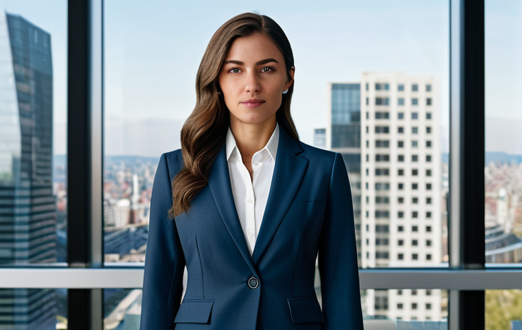 A focused and determined professional woman, dressed in a sophisticated, modest business suit, standing confidently in a sleek, modern corporate office with large windows overlooking a city skyline. Perfect anatomy, correct proportions, natural pose, well-formed hands, proper finger count, natural body proportions, professional photography, cinematic lighting, high resolution, detailed, realistic. Safe for work, appropriate content, fully clothed, professional, family-friendly.