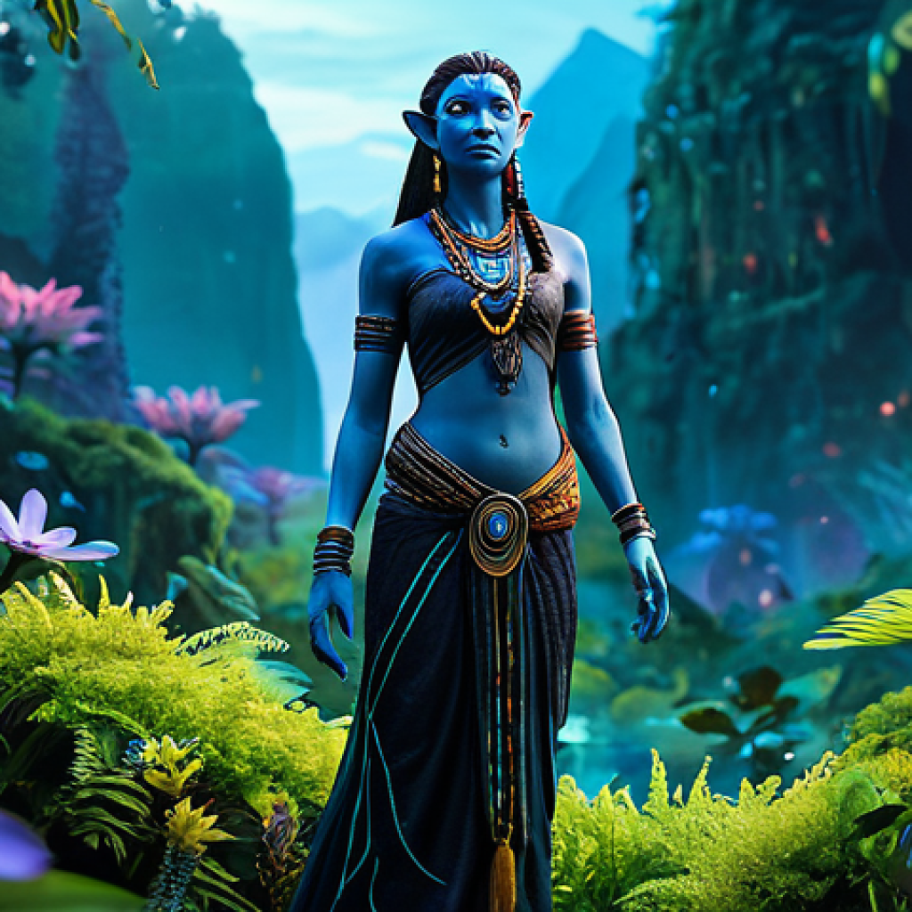 A majestic Na'vi individual in a graceful, modest tribal attire made of natural fibers, fully covering the body appropriately, standing within a lush bioluminescent forest on Pandora at twilight. The scene is filled with glowing flora, ethereal mist, and distant floating mountains. The Na'vi has a serene expression, reflecting harmony with nature. Perfect anatomy, correct proportions, natural pose, well-formed hands, proper finger count, natural body proportions, professional photography, cinematic lighting, vibrant colors, intricate details. safe for work, appropriate content, fully clothed, modest.