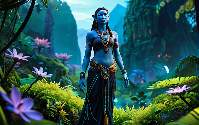 A majestic Na'vi individual in a graceful, modest tribal attire made of natural fibers, fully covering the body appropriately, standing within a lush bioluminescent forest on Pandora at twilight. The scene is filled with glowing flora, ethereal mist, and distant floating mountains. The Na'vi has a serene expression, reflecting harmony with nature. Perfect anatomy, correct proportions, natural pose, well-formed hands, proper finger count, natural body proportions, professional photography, cinematic lighting, vibrant colors, intricate details. safe for work, appropriate content, fully clothed, modest.