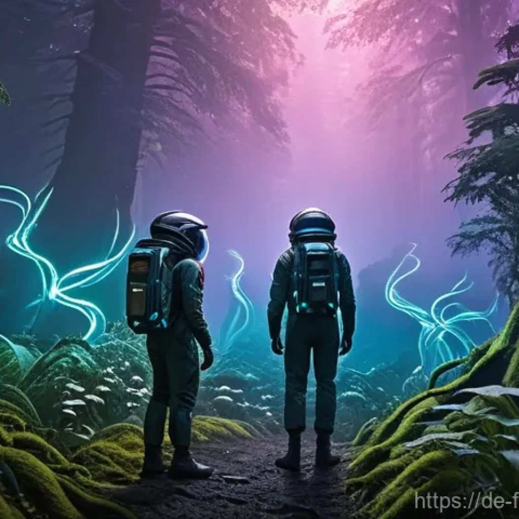 제임스 카메론 흥행작 - **Prompt 1: Immersive Alien Forest Exploration**
    "A group of diverse individuals, including men ...