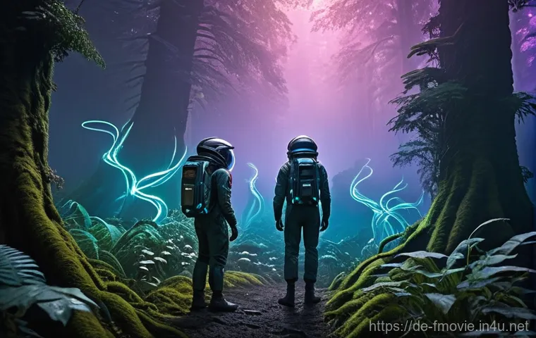 제임스 카메론 흥행작 - **Prompt 1: Immersive Alien Forest Exploration**
    "A group of diverse individuals, including men ...