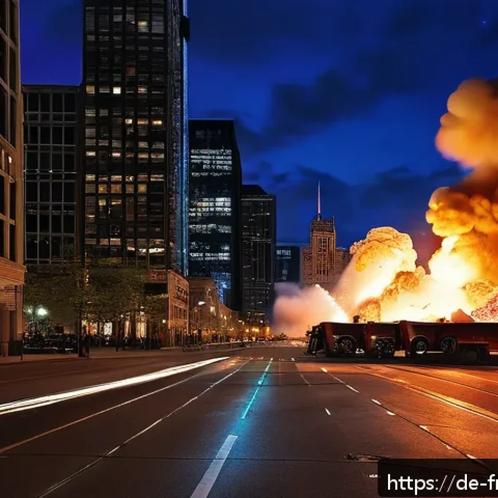 다크 나이트 촬영 비하인드 - A dramatic nighttime urban scene in downtown Chicago featuring practical pyrotechnics with a large b...