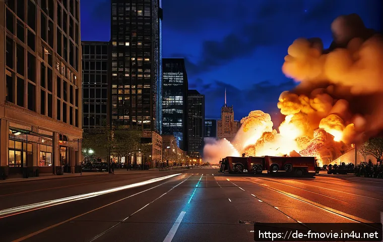 다크 나이트 촬영 비하인드 - A dramatic nighttime urban scene in downtown Chicago featuring practical pyrotechnics with a large b...