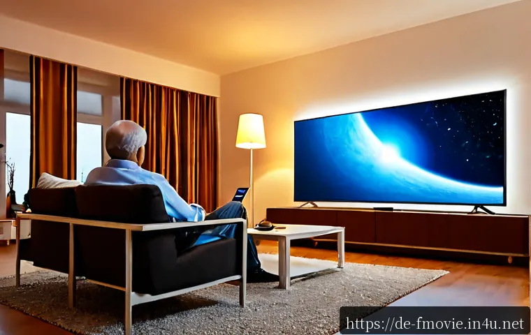 인터스텔라 OTT 시청 방법 - Photorealistic cozy German living room at dusk, an older couple comfortably watching a grand science...